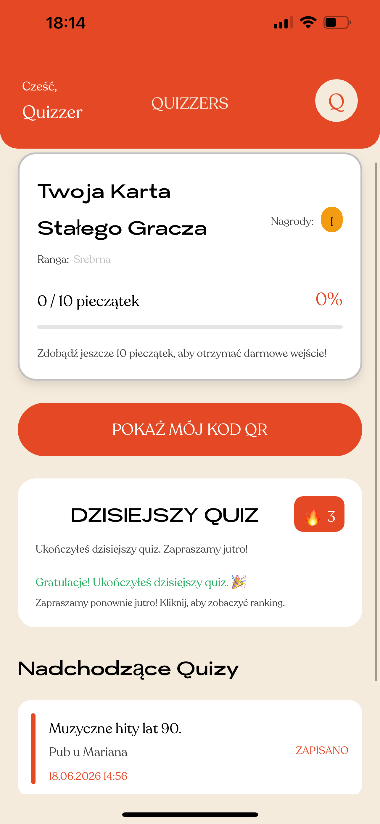 Ekran karty lojalnościowej Quizzers