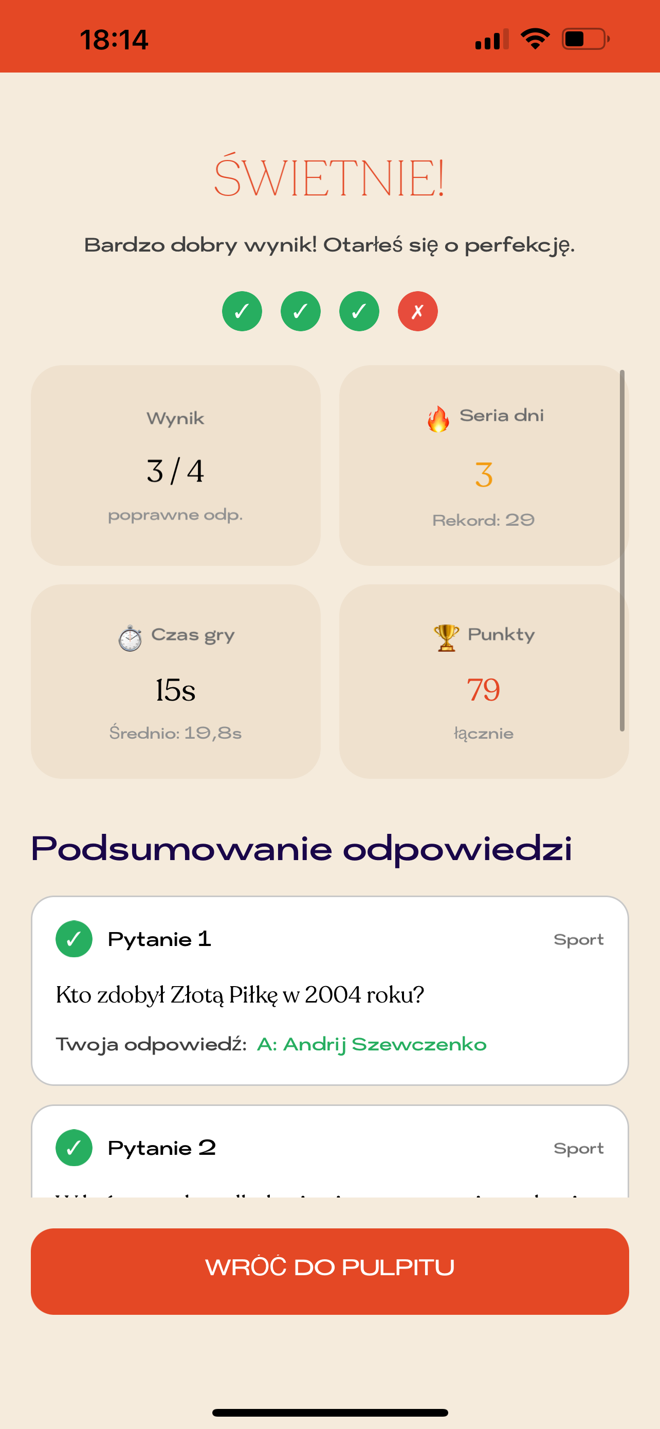 Ekran codziennego quizu w aplikacji Quizzers